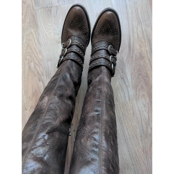 Old Gringo Roxy Studded Buckle Tall Heeled Western Boots 18" Women 6.5 Chocolate - Picture 3 of 16